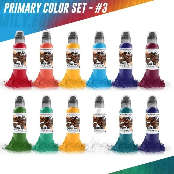World Famous Tattoo Inks 12 Color Primary Set #3 1oz -